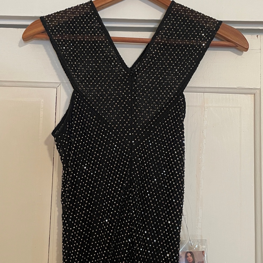 New Self Portrait Black Rhinestone Fishnet Crossover Midi Dress size US 4 - Picture 11 of 17